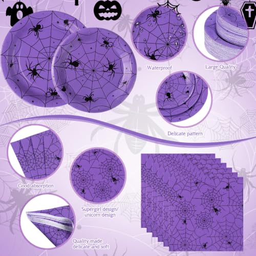 Halloween Spider Web Party Supplies Set - Purple & Black, 452 pcs for 50 Guests