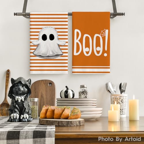 Orange Ghost Halloween Kitchen Towels Set of 4 - 18x26 Inches, Soft & Absorbent