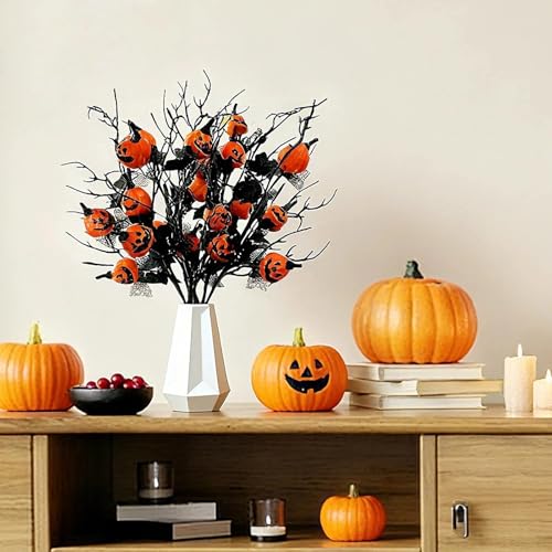 Artificial Halloween Pumpkin Branches - 6 Pack, 19.5-Inch Spooky Floral Stems for Fall Decor