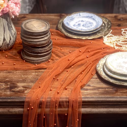 Orange Fall Gauze Pearl Table Runner 10ft Set for Holiday & Event Decor
