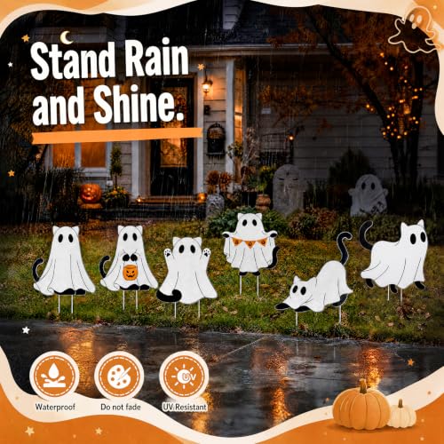 Halloween Ghost Cat Yard Signs with Stakes - Outdoor Decorations Set of 6