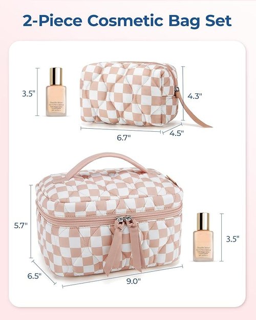 BAGSMART Travel Makeup Bag, 2-Piece Puffy Quilted Cute Make Up Bag Cosmetic Bags for Women, Large Wide-Open Toiletry Pouch Gifts for Toiletries Accessories Travelling Essentials, Checkered Khaki