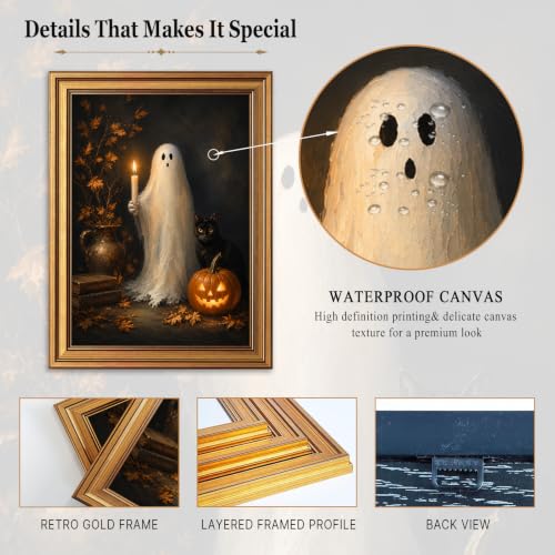 Halloween Ghost Wall Art with Black Cat - Gold Framed Canvas Decor - Variation of Ghost Holding Candle