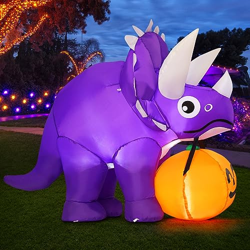 Halloween Dinosaur Inflatable with Pumpkin & LED Lights, 5 ft Outdoor Yard Decoration