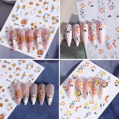 Halloween Nail Art Stickers Decals - Ghost & Hibiscus Flower Design, 8 Sheets - Cute Ghost Variation