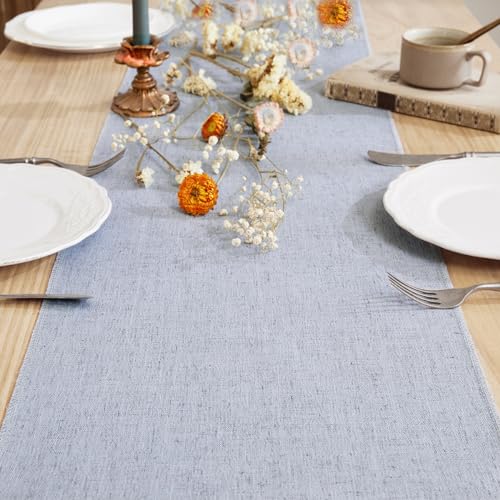 Cotton Linen Table Runner 13x90 Inch Silver Grey with Hand Tassels - Farmhouse Decor