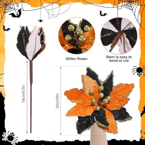 Halloween Black Orange Poinsettia Flowers - Velvet 8-Inch, Set of 8 - Variation of THIS listing