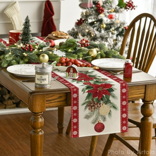 Christmas Poinsettia Table Runner 13x60 Inch Holiday Home Decor - Red Variation