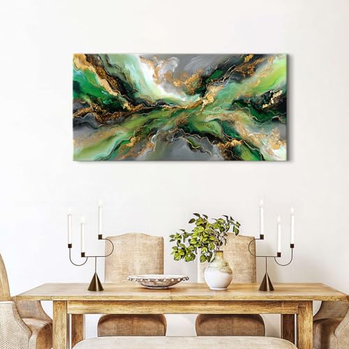 Emerald Green Abstract Wall Art - 40x20 Inch Canvas Painting with Gold Accents - Variation: Abstract03