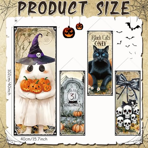 Halloween Hanging Banner 4PCS Black Cat Skull Ghosts Haunted Mansion Decor