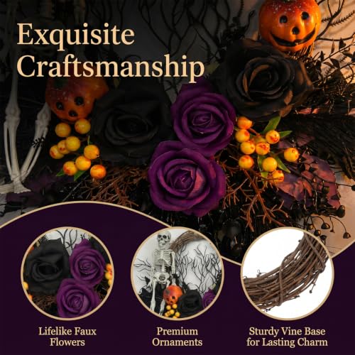 Halloween Gothic Skull Wreath for Front Door 16-Inch Spooky Decor