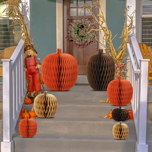 7 Pcs Fall Pumpkin Honeycomb Centerpieces - 3D Paper Decorations for Autumn & Halloween