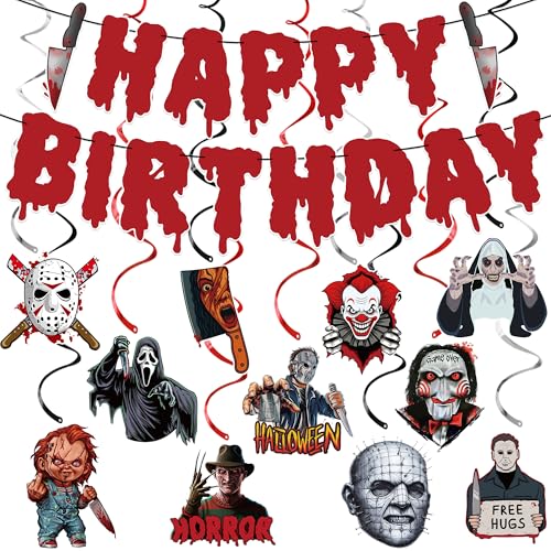 Halloween Horror Birthday Decorations Set with Banner & Hanging Swirls