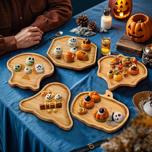 Octagon Bamboo Serving Tray with Spider Web Design - Halloween Snack Platter, 10x9 inches