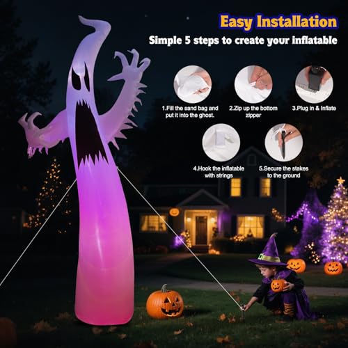 12FT Halloween Inflatable Ghost Decoration with RGB LED Lights for Garden & Yard