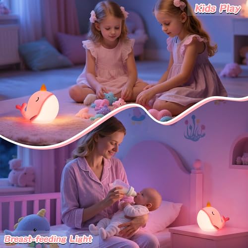 Pink Narwhal Night Light for Kids, Silicone Bedside Lamp with Dimmable & 30-Min Timer