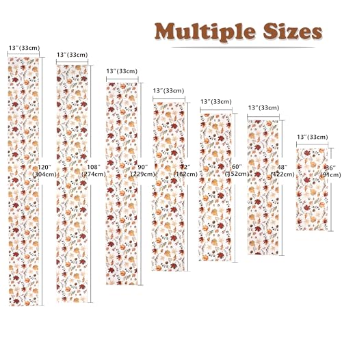 Fall Table Runner for Kitchen & Dining - Harvest Pumpkins & Leaves, Water-Resistant, 13 x 36 inches