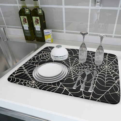 Halloween Dish Drying Mat 18x24 Inch Spider Web Black Kitchen Counter Protector Reversible Absorbent Microfiber
