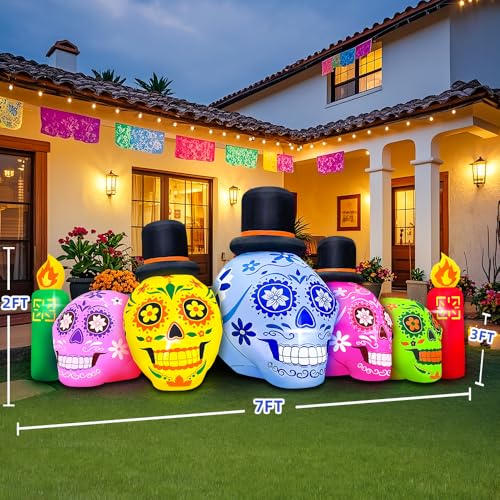 7FT Halloween Inflatable Skeleton Decor with LEDs - Dia de Los Muertos Skull - Outdoor Yard & Garden