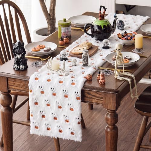 Halloween Ghost Table Runner 13x72 Faux Fur Decor with 3D Plush Ghosts & Pumpkins