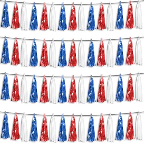 Red Blue White Foil Tassel Garland - 39.2Ft Party Streamers for Celebrations