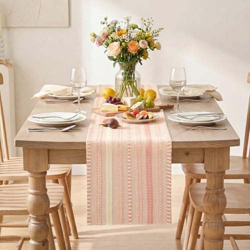 Pink Farmhouse Striped Braided Table Runner 12x120 Inch - Artoid Mode