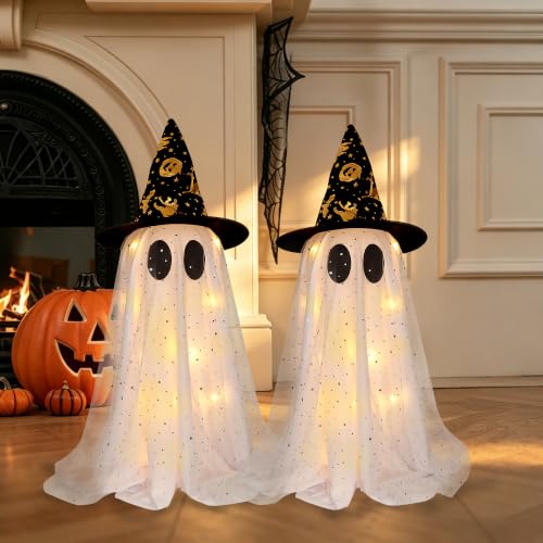 Halloween Ghost Decorations Set B - 2 Lighted 21.7 Inch Spooky Tabletop Decor with Witch Hats