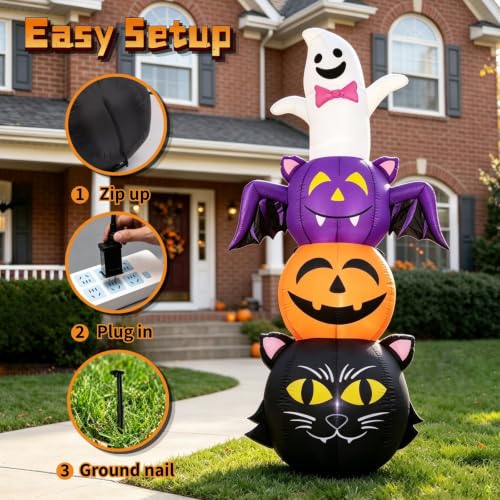 6 Ft Halloween Inflatable Ghost Bat Pumpkin and Cat Yard Decor with LED Lights