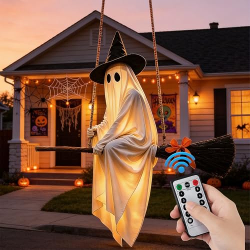 5FT Flying Ghost Witch Halloween Decoration with Light-Up Broomstick & Hat