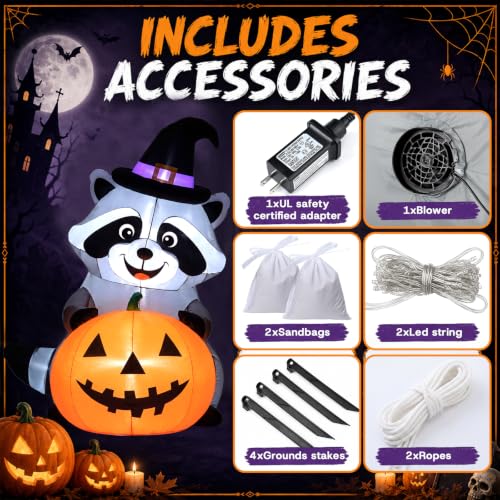 Halloween Inflatable Witch Raccoon Decor - 5 ft Outdoor Blow-up Decoration with LED Lights - Halloween Style