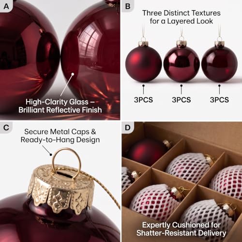 9-Piece Burgundy Glass Christmas Ornaments Set - 3.15 Inch Holiday Tree Decorations