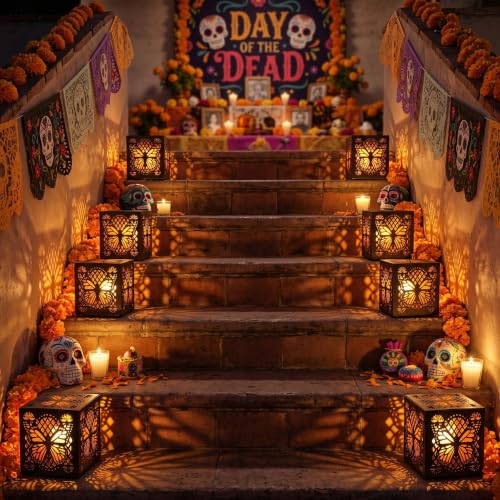 30 Pack Day of the Dead Lanterns with Butterfly Cutout Decorations - Festive Hollow Paper Boxes