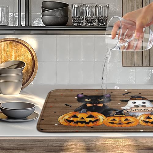 Halloween Spooky Ghost Pumpkin Dish Drying Mat - Ghost Cat Variation 18x24 in