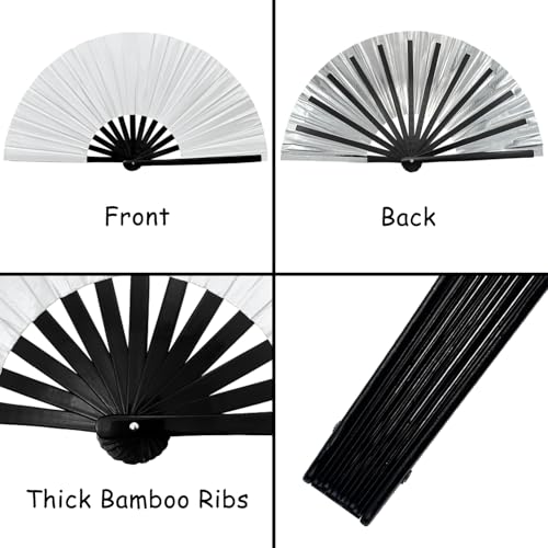 Silver Large Folding Rave Hand Fan - Halloween Festival Party Accessory