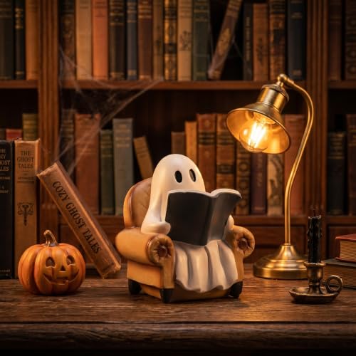 Indoor Halloween Ghost Reading Book Figurine - Cozy Spooky Home Decor - Brown Variation