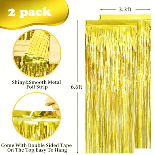 Gold Tinsel Foil Fringe Curtains - 2 Pack, 3.28 ft x 6.6 ft Party Backdrop