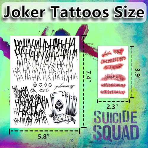 Joker Temporary Tattoos Set for Halloween Cosplay & Party Costumes