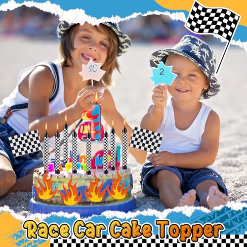 Race Car Birthday Number 1 Candle & Checkered Cake Topper Set - Racing Theme