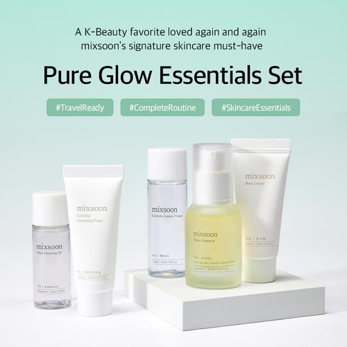 mixsoon Pure Glow Essentials Set-5-Step Skincare Kit - Hydrating Skincare Gift Set, Cleansing Oil, Foam, Toner, Essence, Cream (15ml*1+20ml*3+30ml*1) 105ml / 3.55 Fl. Oz. Korean Glass Skin Care