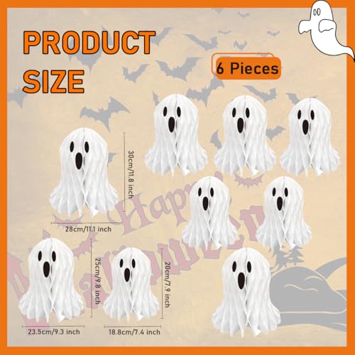 Halloween Ghost Honeycomb Hanging Decorations - 6 Pcs, 25cm, White, Spooky Party Decor