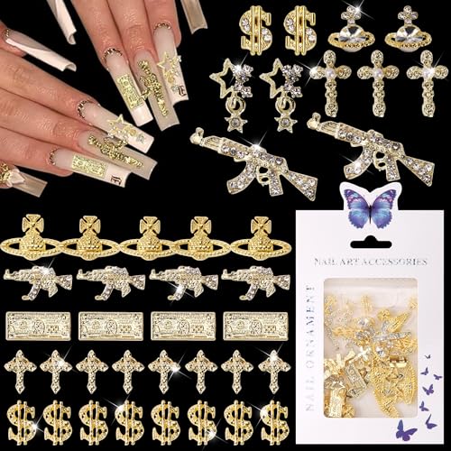 Gold Sliver 42PCS 3D Dollar Nail Charms for Manicure & Nail Art