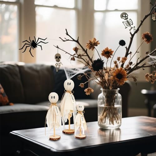 Set of 3 Rustic Wooden Ghost Halloween Decorations for Centerpiece and Mantel