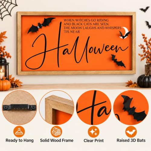 Halloween Wall Art Framed with 3D Bats - Orange Sign for Indoor Decor