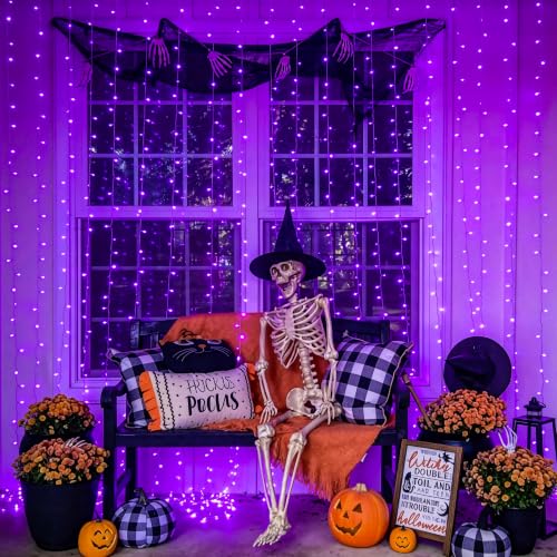 USB Purple Halloween Curtain Lights - 200 LED, 6.5ft x 6.5ft, Remote Control