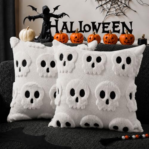 Halloween Pillow Covers 20x20 Inch Set of 2 White Skeletal Decor Plush Faux Fur