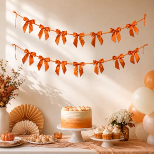 Orange Satin Bow Garland for Halloween Party & Seasonal Decorations - 2 Pack