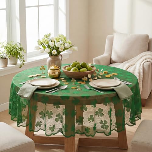 Horaldaily St. Patrick's Day Round Lace Tablecloth 60x60 Inch Green Shamrock