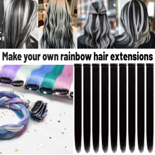 Black Clip-In Synthetic Hair Extensions Highlights - 10 PCS, DIY Styling