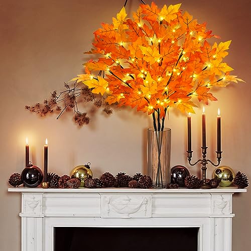 Orange 3-Piece Lighted Maple Branches with Timer - Fall Autumn Decor