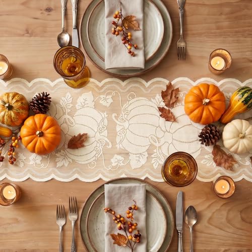 Beige Lace Jacquard Pumpkin Leaf Fall Table Runner 13x72 Inch - Artoid Mode